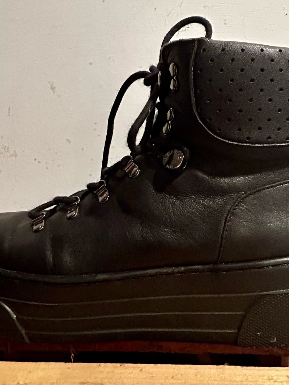 Women’s Black Leather Combat Moto Boots - Sleek Lace-Up Platform - Picture 3 of 8
